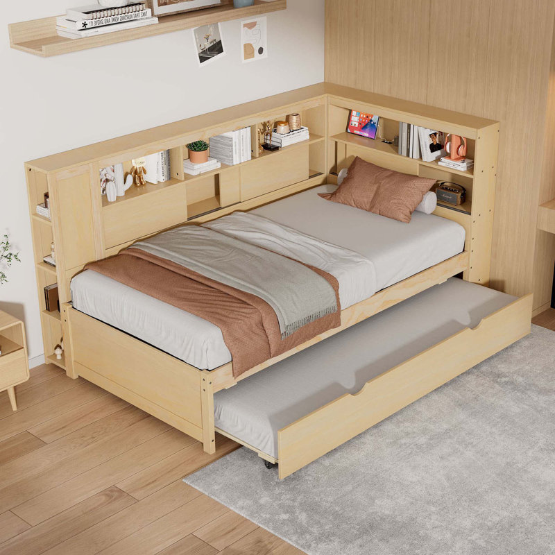 Lit de jour simple en bois avec tablettes de rangement, USB et lit gigogne, Naturel