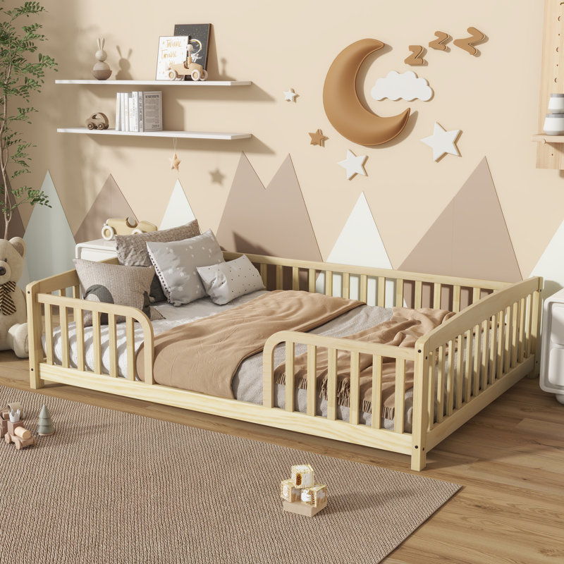 Lit double pour enfants avec garde-corps, lit double en bois de pin avec entrée centrale, lit de sécurité à profil bas