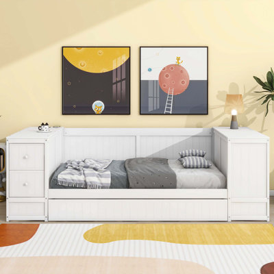 Lit de jour simple avec accoudoirs de rangement latéraux, lit gigogne escamotable et station de charge intégrée, blanc