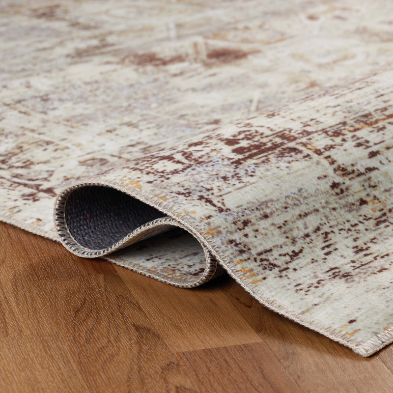 Polston Faded Traditional Rustic Medallion Border Machine Washable Indoor Rug, Rectangle 4' x 6'