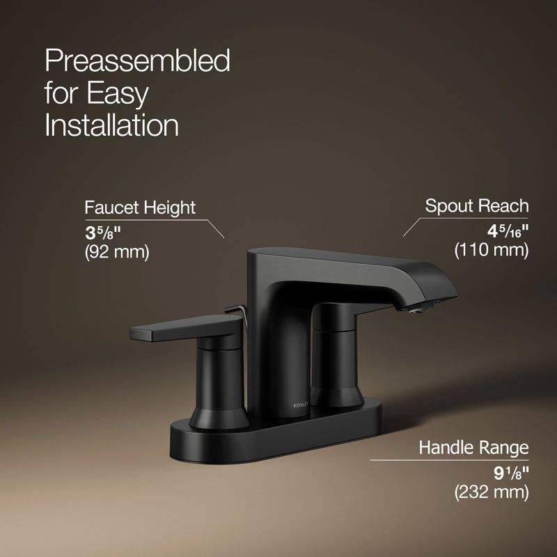 Kohler Hint Centerset 4 inch Bathroom Faucet with Pop-Up Drain Assembly, 2-Handle Bathroom Sink Faucet, 1.2 gpm, Matte Black
