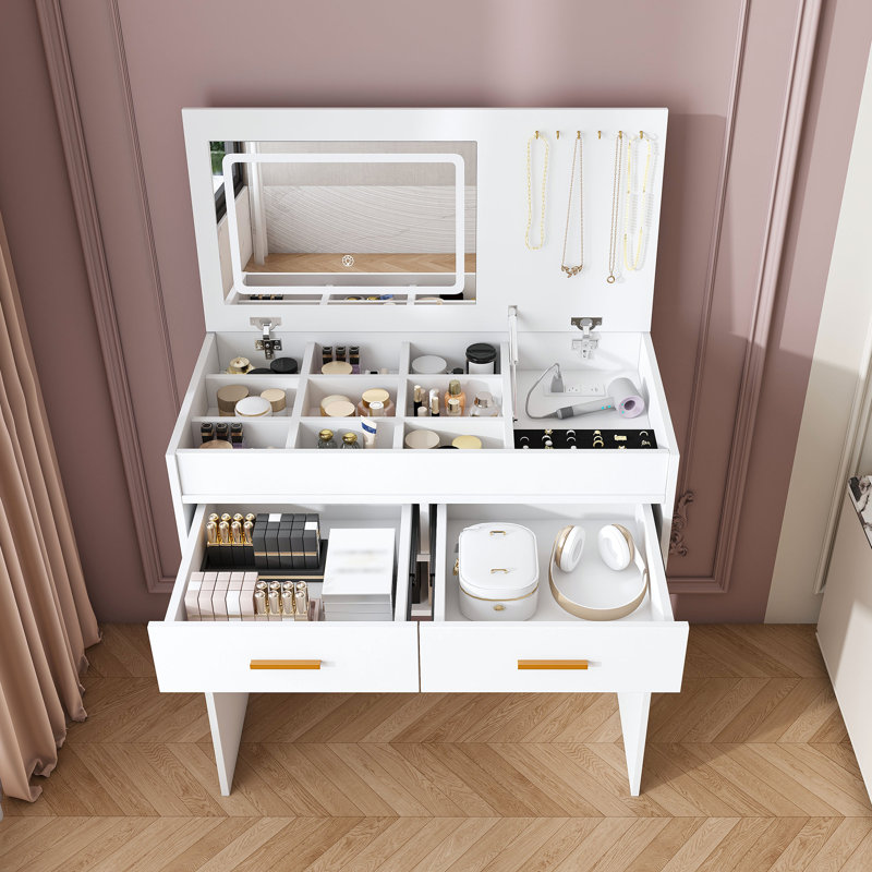 Bureau de meuble-lavabo rabattable avec miroir à DEL et prise de courant intégrée - coiffeuse de maquillage avec 2 tiroirs, rangement ouvert