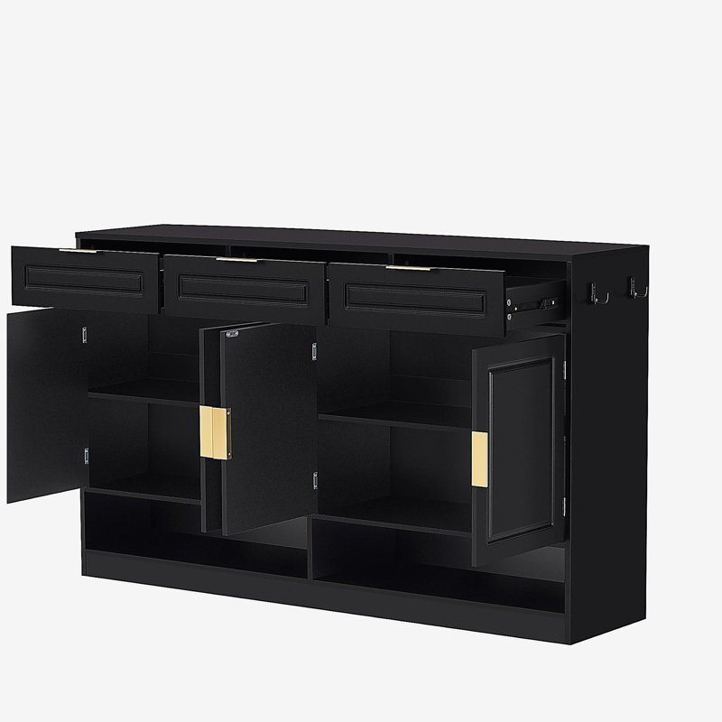 Buffet Farmhouse avec 3 tiroirs et 4 portes, buffet de rangement multifonctionnel avec tablette réglable et compartiments de rangement ouverts