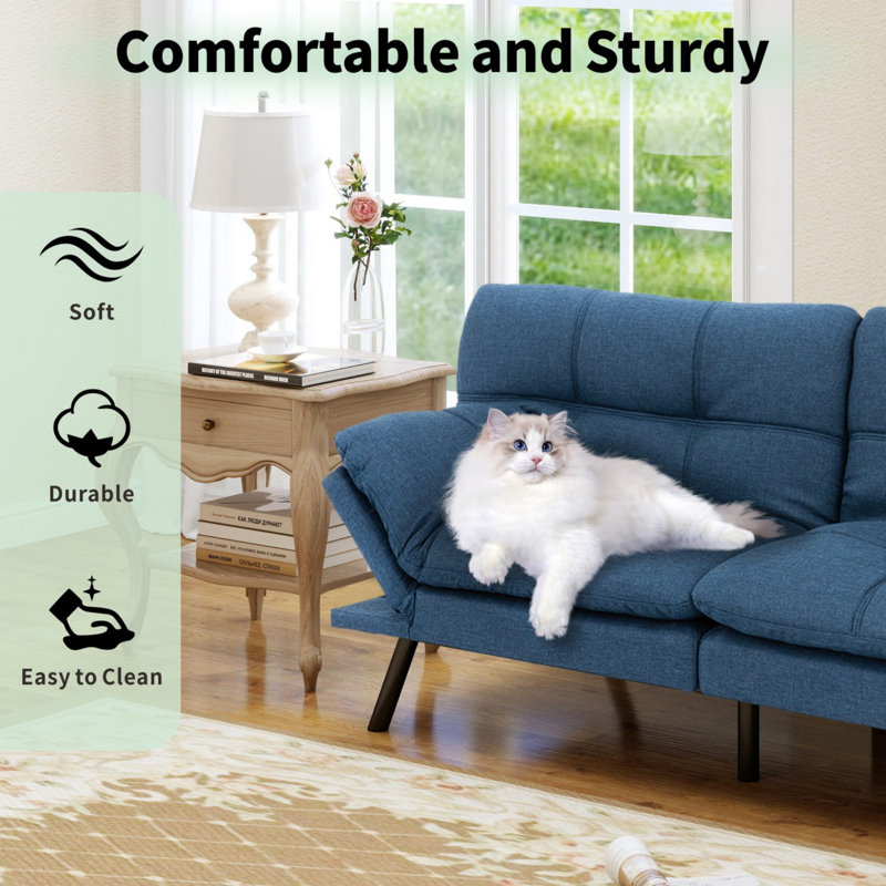 71" Couches For Living Room, Futon Sofa Bed With Memory Foam And Adjust Backrest, Blue