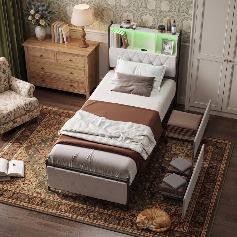 3ft Single Bed Frame with 2 Storage Drawers, Upholstered Platform Bed with Headboard & LED Light, Velvet Fabric Single Bed with Charging Station, Beige(90x190cm, UK Plug)