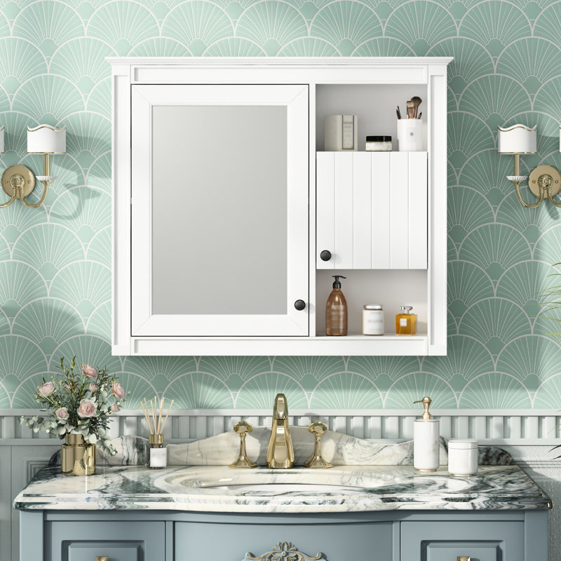 Armoire murale de salle de bain 32 "avec miroir et 3 tablettes de rangement blanches 32"