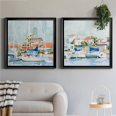 Beach Town Summer I - Matted and Framed Under Acrylic Glass, Set of 2, Coastal Wall Art for Living Room
