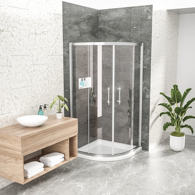 36" W x 72" H Double Sliding Framed Round Corner Shower Enclosure with Clear Tempered Glass, Aluminum Frame, Curved Quadrant Shower Door for Bathroom, Chrome