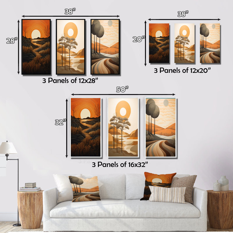 «Golden Sunset In The Retro Mountain Meadows IV», 3 pièces sur toile, H 60 po x l 40 po, Cadre flottant doré