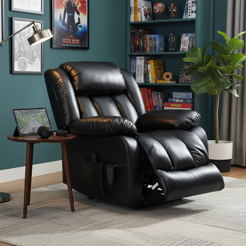 Fauteuil inclinable électrique avec base relevable et fonction de massage chauffant, Cuir véritable noir