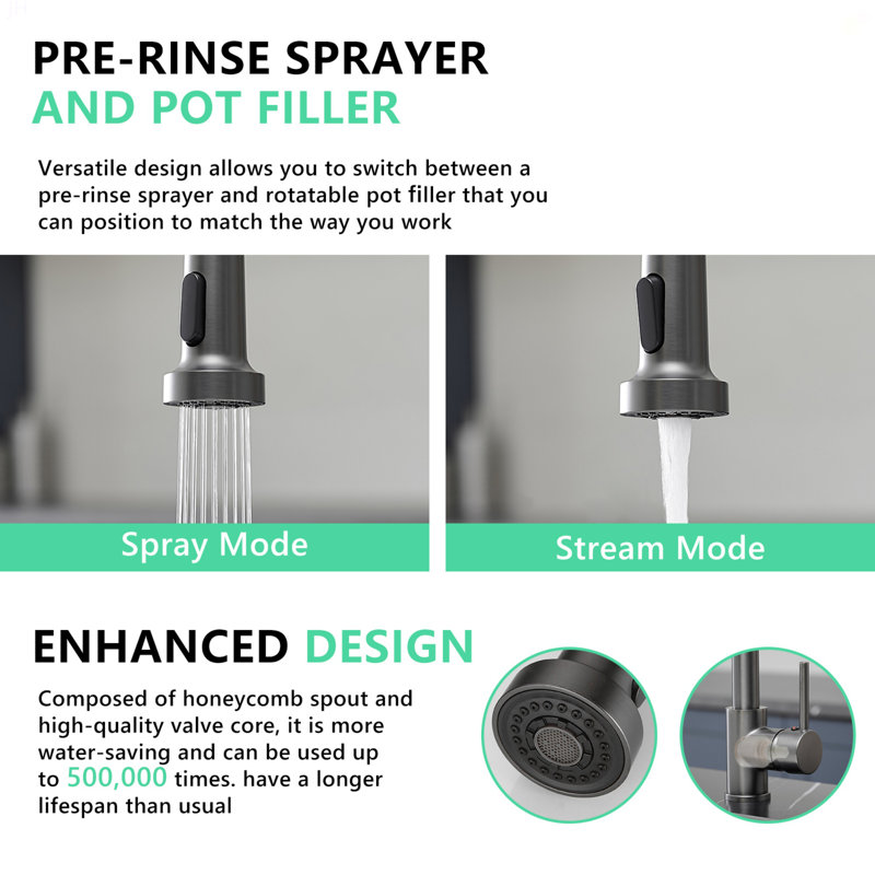 Commercial Kitchen Faucet With Pull Down Sprayer, Single Handle Single Lever Kitchen Sink Faucet, Gun Ash
