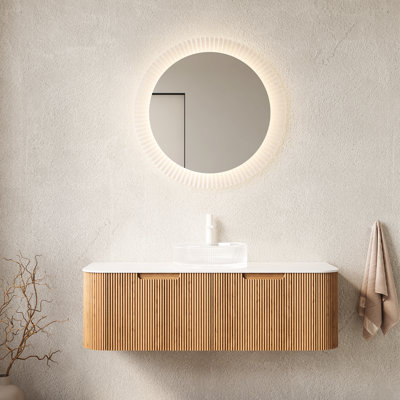 Meuble-lavabo flottant 48 po avec lavabo en verre cristal blanc, armoire de rangement, 2 tiroirs, finition naturelle ronde transparente pré-assemblée, grand