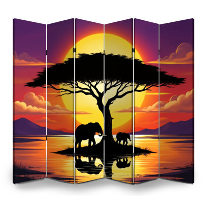 Cloison pliante 6 panneaux paravent Royal Elephants Silhouetted Against Vibrant Sunset Tree