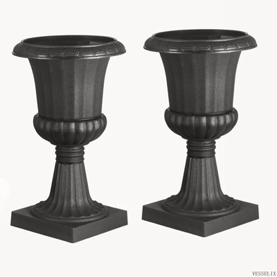 Set of 2 Plastic Urn Planters, 15.8x26.4 Inch Black Classic Flower Pots for Indoor and Outdoor