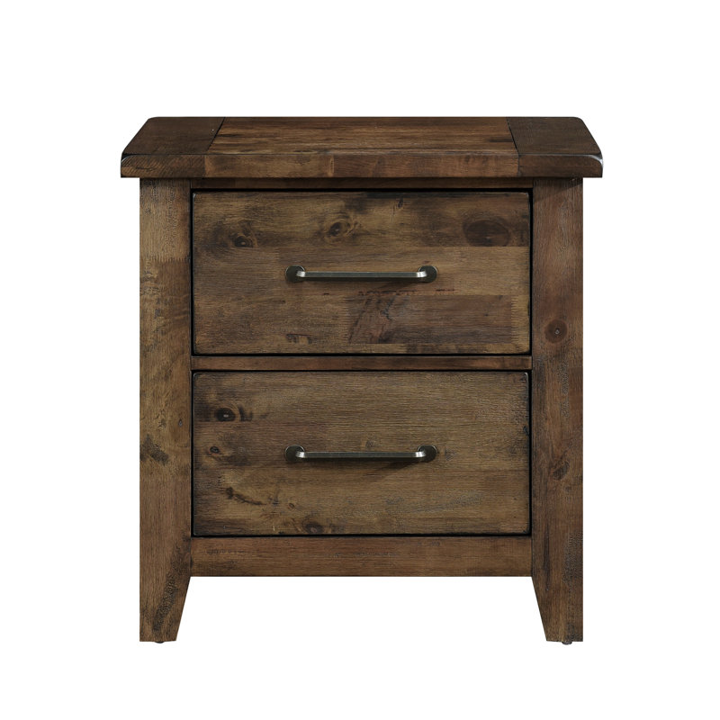 Table de chevet rustique bruni en bois d'hévéa massif avec 2 tiroirs