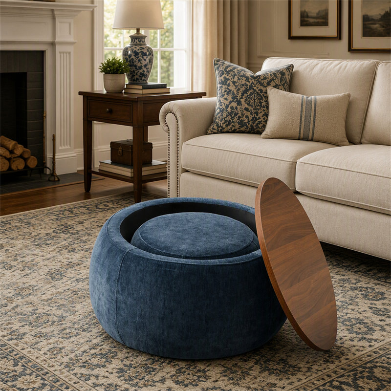 Repose-pieds rond avec rangement, pour un usage domestique et polyvalent comme tabouret ou siège., Bleu très foncé