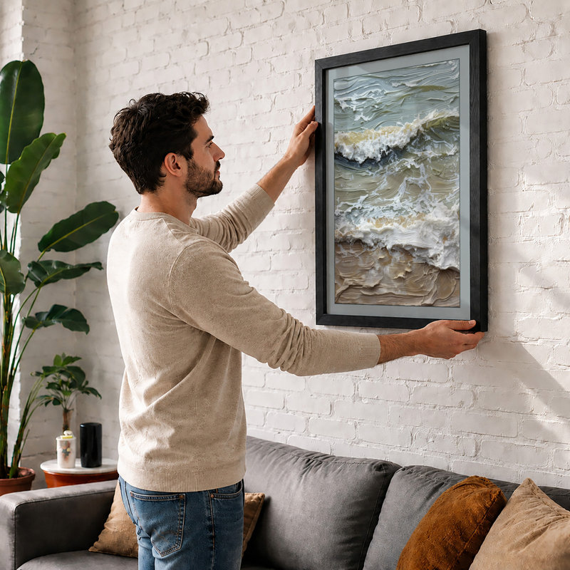 Breaking Waves at Shore Coastal - Framed Print, A2 - 59.4 x 42.0 cm, Black