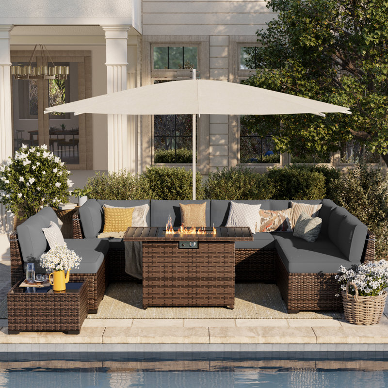 Avamay Rattan Sectional Seating Group with Cushions, Gray Performance Microfiber, Yes