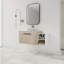 Meuble-lavabo flottant de conception moderne avec lavabo d'art en céramique, dalle de pierre plate blanche et petites tablettes de rangement, porte à fermeture douce