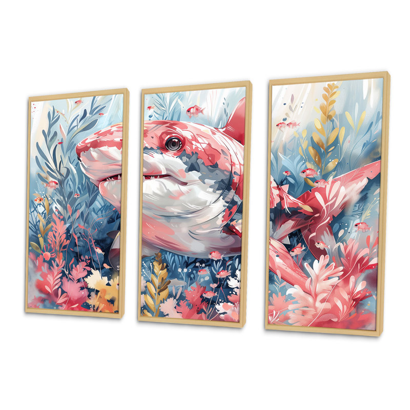 Pink Grey Hunting Shark Watercolor I - Sharkwall Art Wall Art Living Room Set, 32" H x 16" W x 1" D