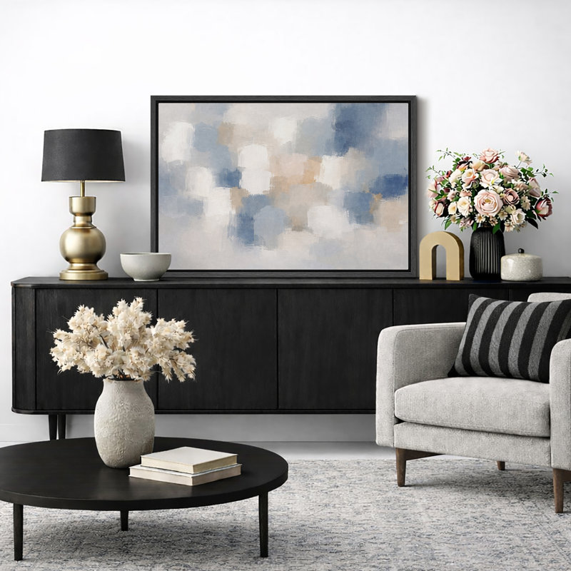 Abstrait bleu beige doux, composition de blocs, images de salon minimalistes, impression sur toile encadrée, Cadre noir