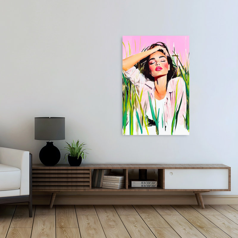 Peaceful Woman, ciel rose, architecture contemporaine abstraite, art mural, H 48 po x l 32 po