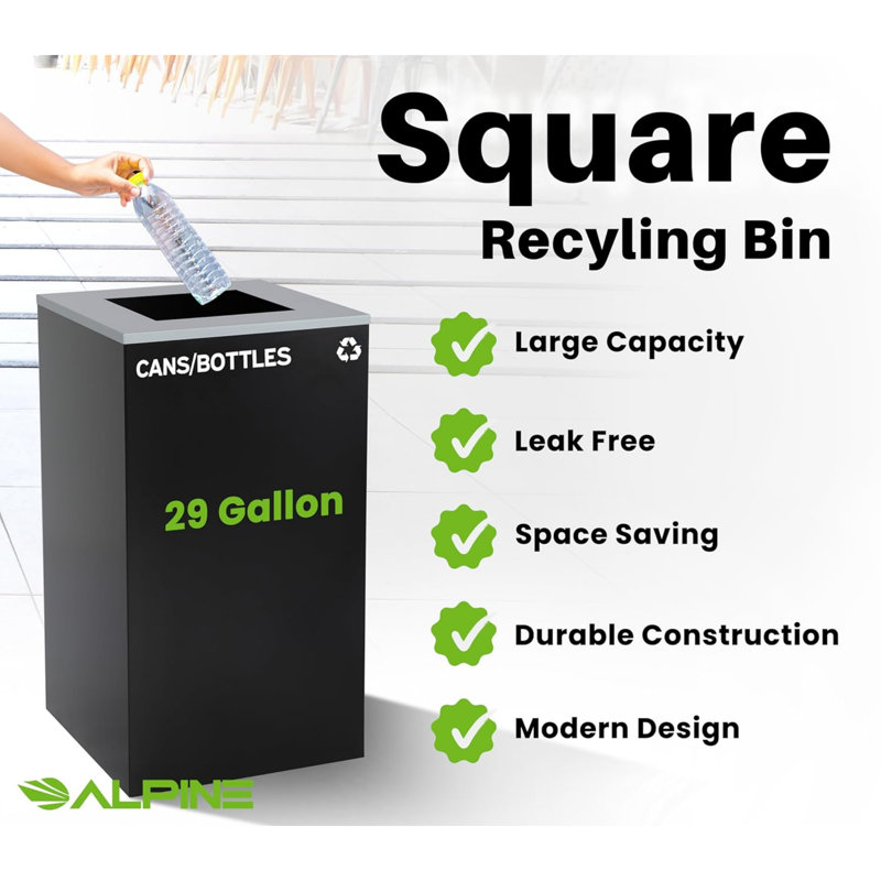29 Gallon Steel Open Top Recycling, Compost, and Trash Can Set with Square Lid