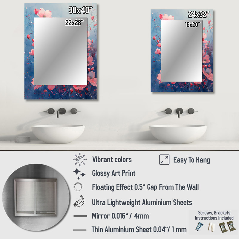 Pink Blue Garden Of Dreams Dogwood IV - Dogwood Mirror, Traditional Unique Wall Mirror, Printed Metal Art, 40" x 30"