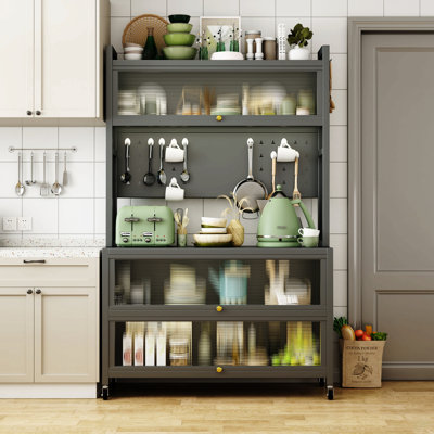 Étagère de boulanger de cuisine de 65 po de hauteur avec armoire à porte rabattable, buffet multifonctionnel à 5 niveaux pour micro-ondes, bar à café, assemblage rapide
