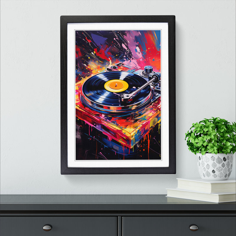 Record Player Action No.2 - Single Picture Frame Print on Wood, 34cm H x 25cm W x 2cm D, Black