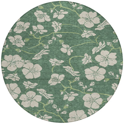 8' Sage And Ivory Round Floral Washable Indoor Outdoor Area Rug