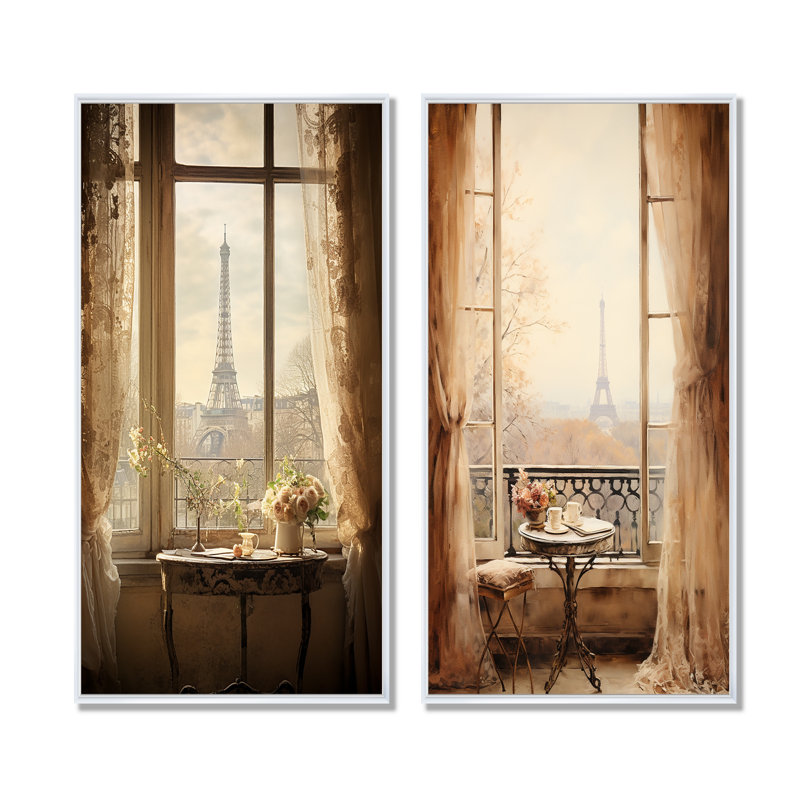 «Rustic Eiffel Tower Paris Window View I - Paris», ensemble de 2 reproductions d'art mural, Cadre flottant blanc