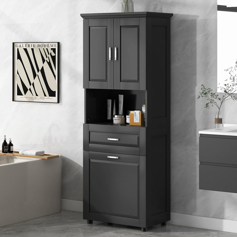Tall Bathroom Cabinet With Laundry Basket, Large Storage Space Tilt-Out Laundry Hamper And Upper Storage Cabinet, Black
