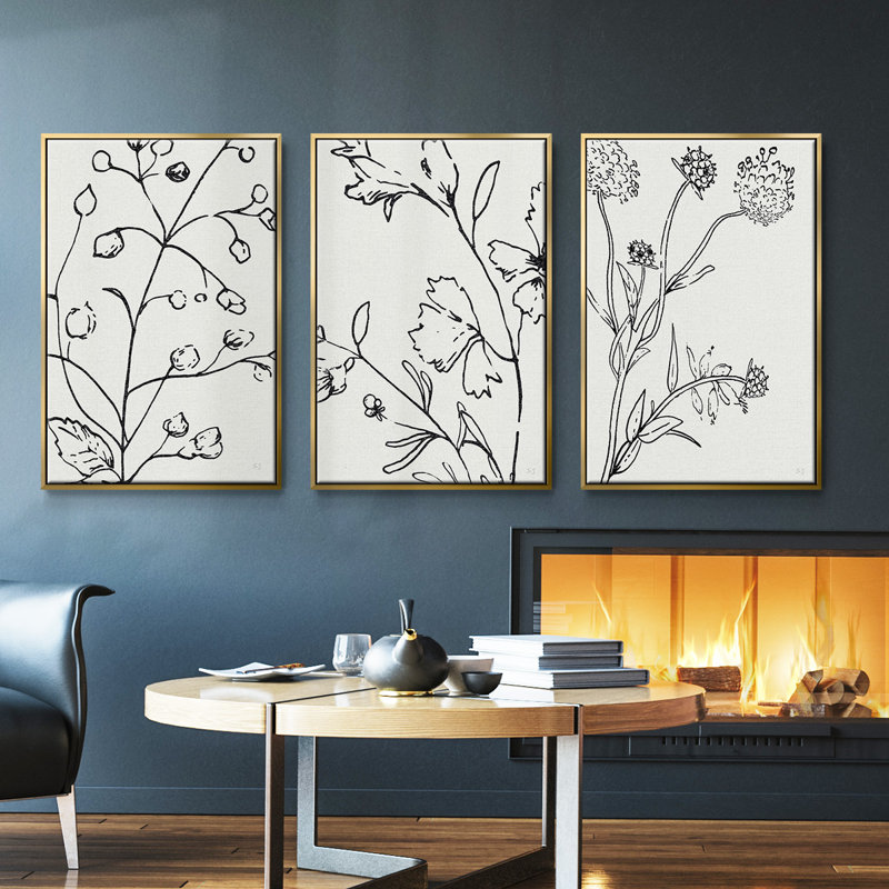 " Botanical Sketch I " 3 - Pieces, Gold, 27" H x 54" W