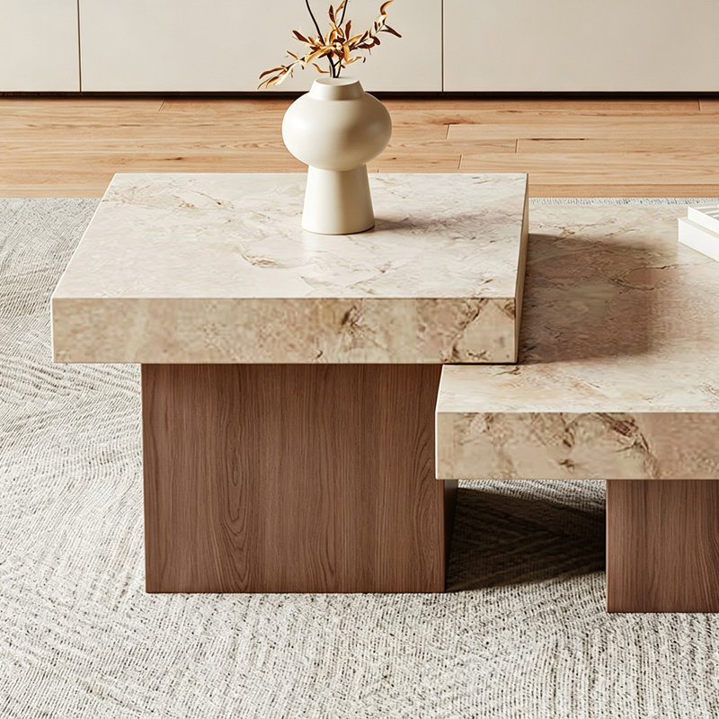 Ensemble de tables basses carrées avec plateau Living Room, H 13,77 po x L 35,43 po x l 35,43 po, Marron clair, Brun noyer