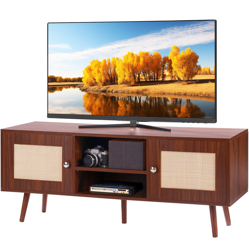Rattan TV Stand, Boho TV Cabinet for 55 inch TV, Mid Century Modern TV Stand, Rattan TV Console with Adjustable Shelfs for Living Room, Media Room, Oak