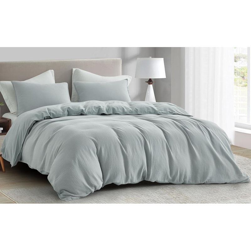 Breeze Cotton Gauze Duvet Cover Set, Queen Duvet Cover + 2 Standard Shams, Light Blue/Gray
