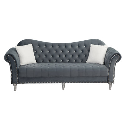 87" Velvet Sofa, Chesterfield Sofa With Rolled Arm And Solid Wood