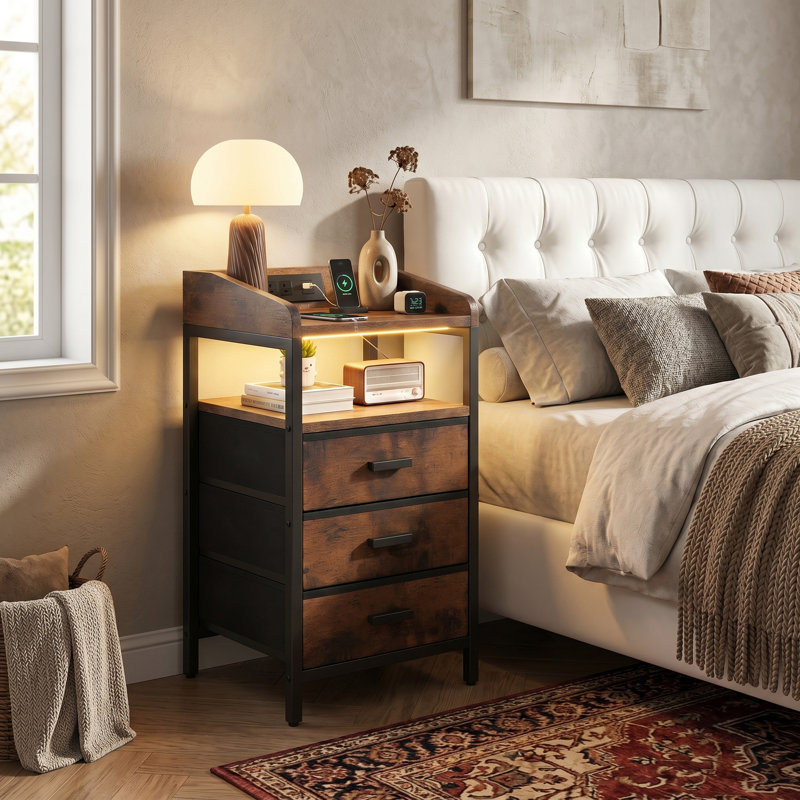 Multi-Functional Nightstand with Wireless Charging, USB Ports & 3 Drawers
