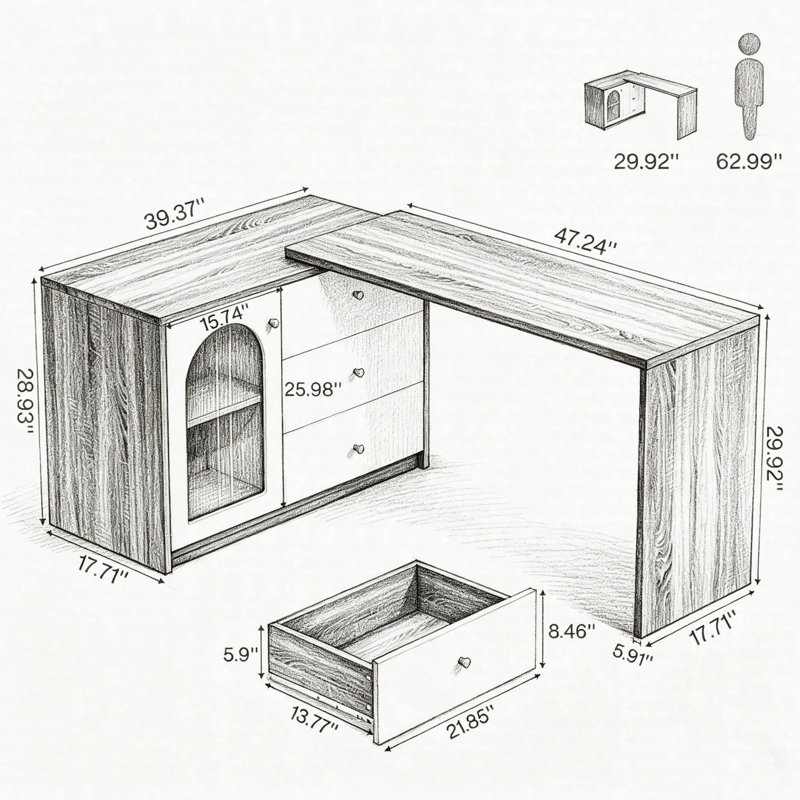 L-Shaped Computer Desk, Reversible Corner Desk With Storage Cabinet, 3 Drawers & Shelves For Home Office, Rustic Brown