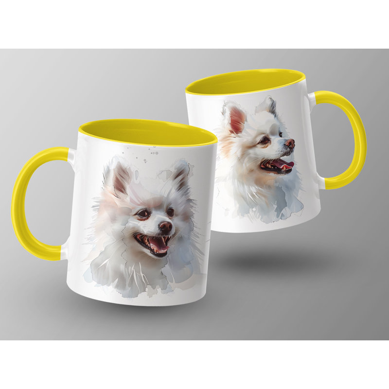 11oz Watercolour White Pomeranian Design Coffee Mug, 2, Yellow