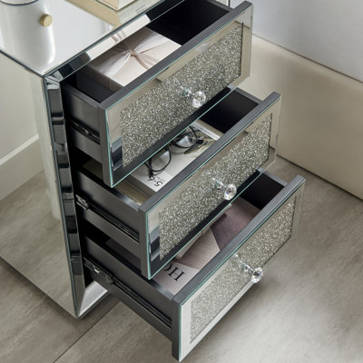 Crushed Diamond Mirrored 3-Drawer Nightstand
