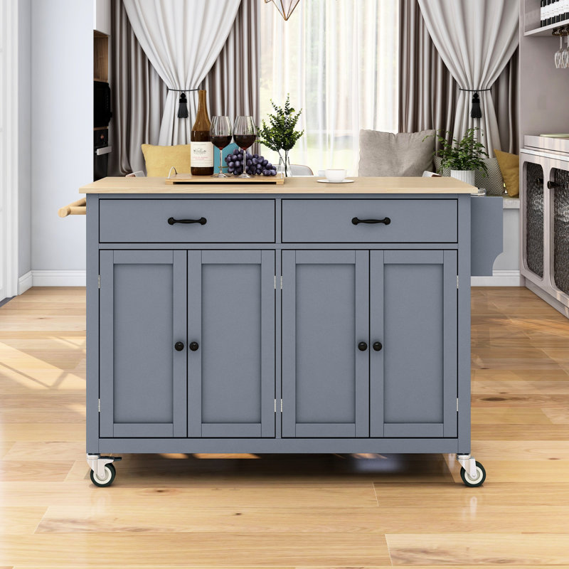 Grey Blue Kitchen Island Cart With Solid Wood Countertop And Plenty Of Storage, 4 Door Cabinet, 2 Drawers, Spice & Towel Rack, Locking Wheels Tabletop,