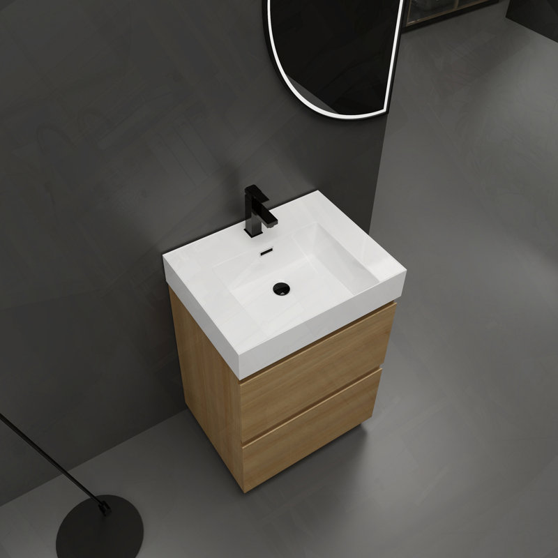 Meuble-lavabo pour salle de bain avec lavabo simple encastré et tiroir double facile à assembler, Chêne