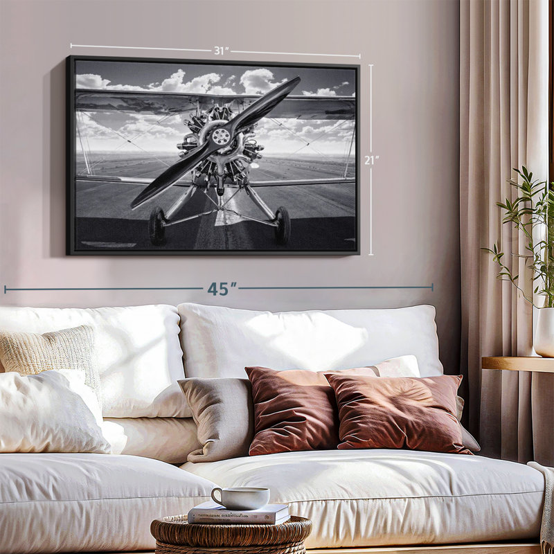 "Art mural rétro d'avion monochrome", H 21 po x l 31 po