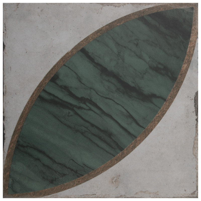 Renaissance Deco 8" x 8" Porcelain Patterned Wall & Floor Tile, Green/White