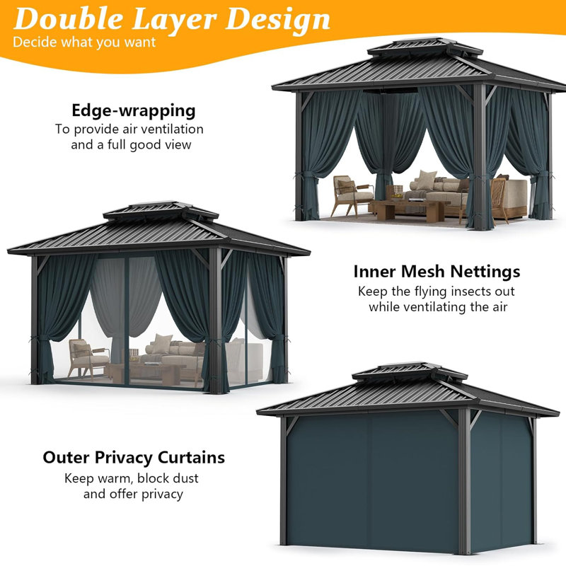 10x12 Hardtop Gazebo Aluminum Metal Gazebos Galvanized Steel Double Roof Permanent Hardtop Gazebo with Netting and Curtains Aluminum Frame Steel Gazebos for Deck, Lawns and Backyard