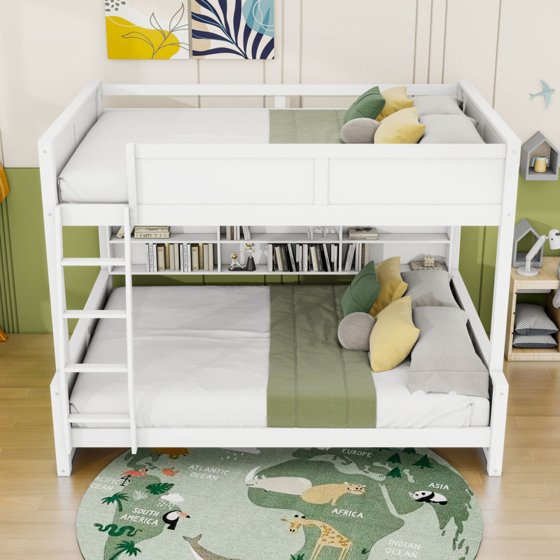 Lit superposé en bois avec tablettes de rangement et ports USB, Blanc antique, Double TG sur grand