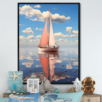 Voilier rose, nuage blanc, coucher de soleil, réflexion I sur toile