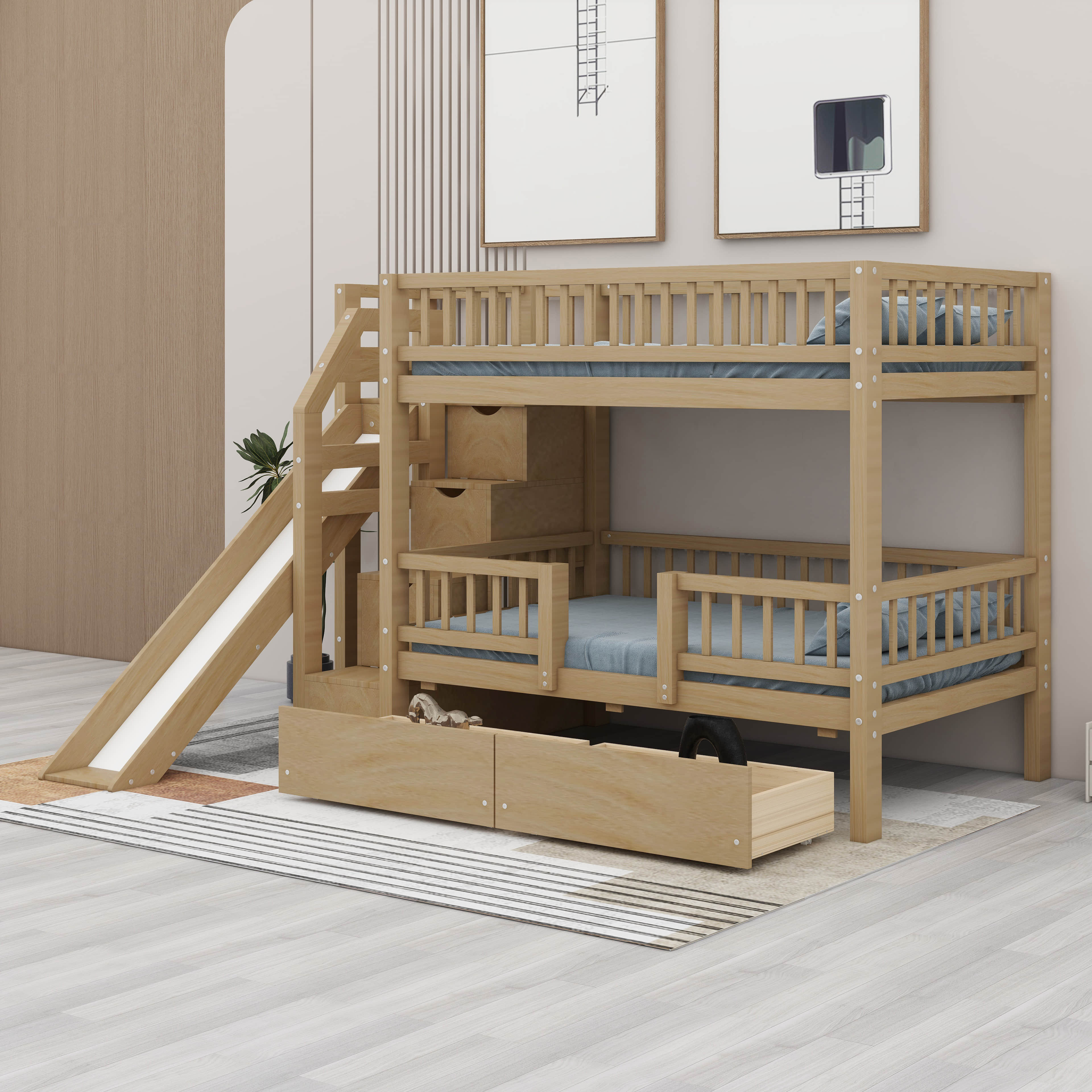 Harriet Bee Bunk Bed With Storage Staircase, Guardrail, 2 Drawers ...